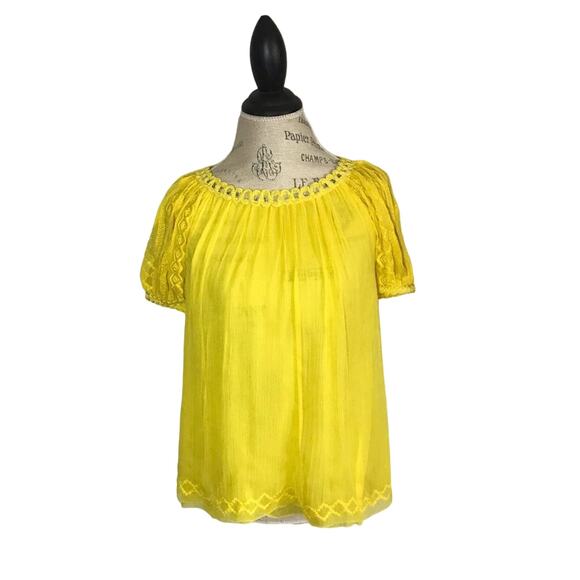 Diane von Furstenberg yellow silk sheer Flowy blouse with lace sleeves size 0 - Picture 1 of 5